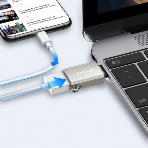 Adapter przejściówka USB-C (męski) - USB-A (żeński) z oczkiem na smycz - srebrny JOYROOM