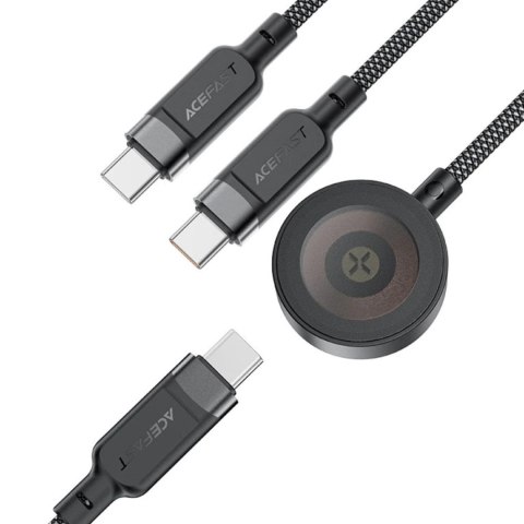 3w1 Kabel przewód USB-C - 2x USB-C / ładowarka Apple Watch Qi 480Mb/s 100W 1.2m - czarny ACEFAST