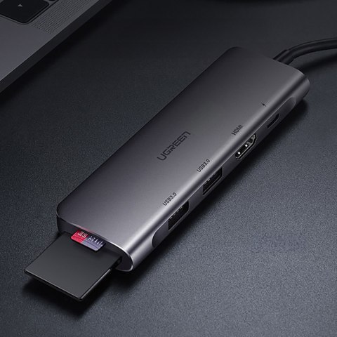 6w1 HUB adapter USB-C - HDMI USB-A USB-C PD czytnik SD TF - szary UGREEN