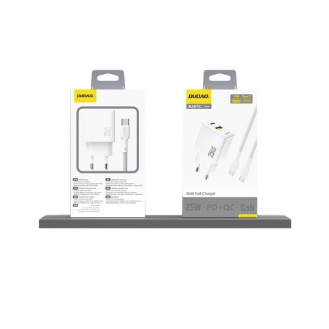 Szybka ładowarka sieciowa 25W USB-A USB-C - biała DUDAO