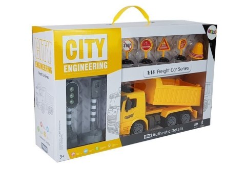 Zestaw Wywrotka 1:14 Znaki Drogowe Światła Fotoradar Żółta LEAN Toys