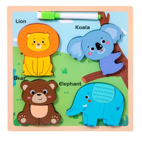 Układanka Tablica 2w1 Drewniana Edukacyjna Dzikie Zwierzęta Pisak LEAN TOYS