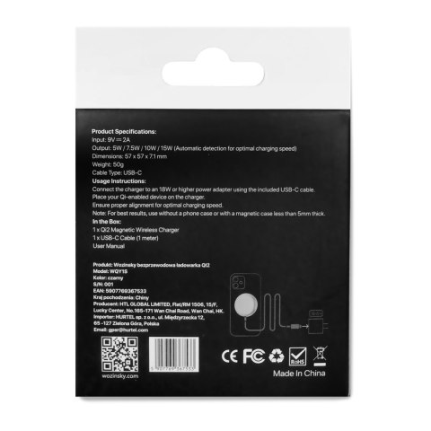Ładowarka indukcyjna magnetyczna bezprzewodowa Qi2 do telefonu 15W - czarna WOZINSKY