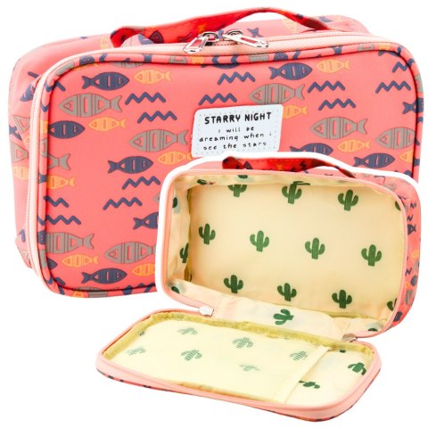 Piórnik Szkolny Organizer Kosmetyczka Dodatkowa Kieszonka Ryby Różowy 22,5cm LEAN
