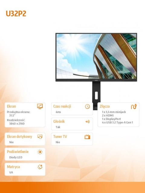 Monitor U32P2 31.5 VA 4K HDMIx2 DP Pivot AOC