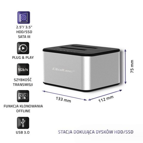 Stacja dokująca dysków 2xHDD/SSD | 2.5"/3.5" SATA | USB 3.0 | Klonowanie Qoltec