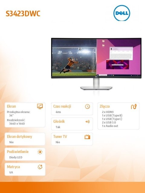 Monitor S3423DWC 34 cali Curved AMD FreeSync VA LED 100Hz WQHD (3440x1440)/2xHDMI/USB-C/USB/Anti-glare 3H hardness/3Y AES&PPE Dell