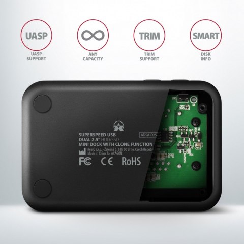 ADSA-D25 MINI stacja dokująca USB 3.2 Gen 1 - 2x SATA 6G 2.5" SSD/HDD CLONE AXAGON