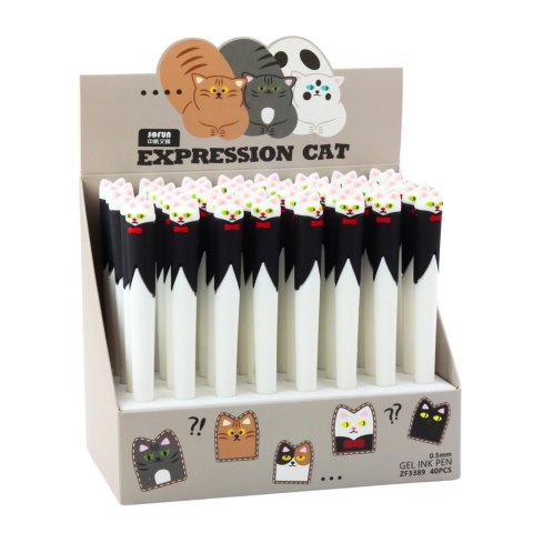 Długopis Żelowy Kot z Muchą Niebieski Tusz Zatyczka Czarno Biały 16,5cm LEAN