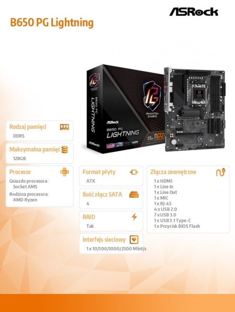 Płyta główna B650 PG LIGHTNING AM5 4DDR5 HDMI M.2 ATX ASRock