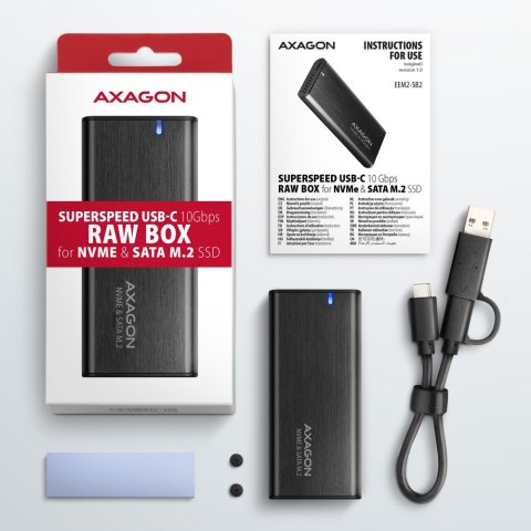 EEM2-SB2 Obudowa zewnętrzna aluminiowa bezśrubowa USB-C 3.2 Gen 2 - M.2 NVMe / SATA SSD 30-80mm ALU pudełko czarne + USB-A - USB AXAGON