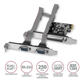 PCEA-PSN Kontroler PCIe 1x port równoległy LPT + 2x port szeregowy RS232 250 kbps, w zestawie SP & LP AXAGON