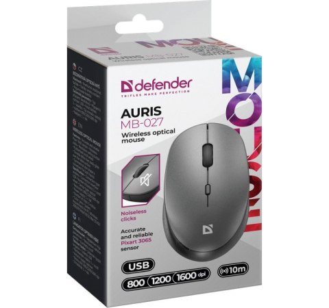 Mysz bezprzewodowa silent click AURIS MB-027 800/1200/1600DPI szara Defender
