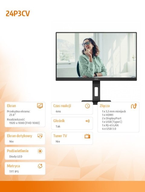 Monitor 24P3CV 23.8 cali IPS HDMI DP USB-C Pivot AOC