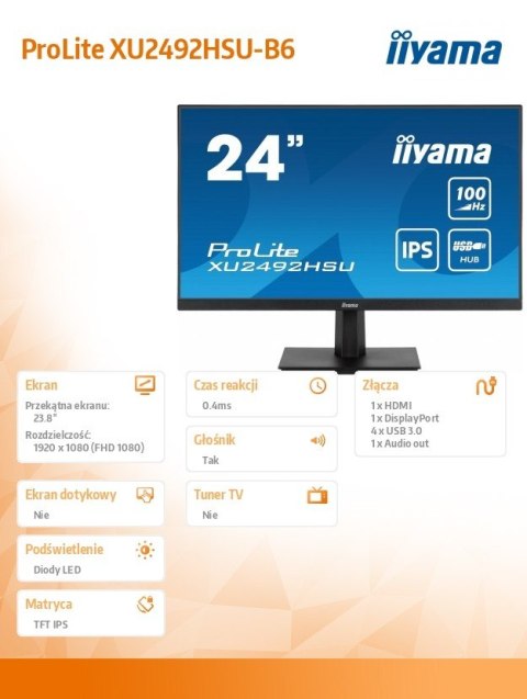 Monitor 23.8 cala XU2492HSU-B6 IPS,FHD,HDMI,DP,100Hz,4xUSB3.2,SLIM,2x2W IIYAMA
