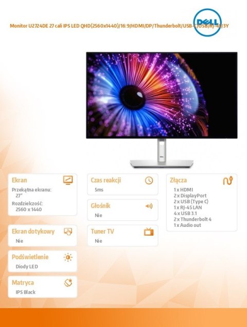 Monitor U2724DE 27 cali IPS LED QHD(2560x1440)/16:9/HDMI/DP/Thunderbolt/USB-C/USB/RJ-45/3Y Dell