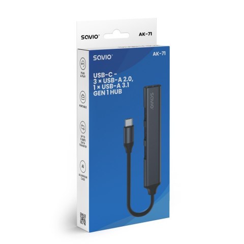 Hub 4 porty USB-C - 3 x USB-A 2.0, 1 x USB-A 3.1 3.1 GEN 1, 5 Gbps, AK-71 Savio