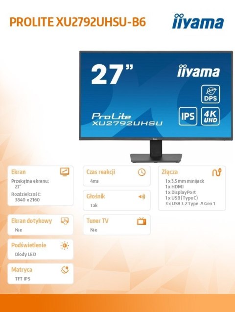 Monitor 27 cali XU2792UHSU-B6 4K,IPS,DP,HDMI,USB-C Power delivery, 350 cd, DPS IIYAMA
