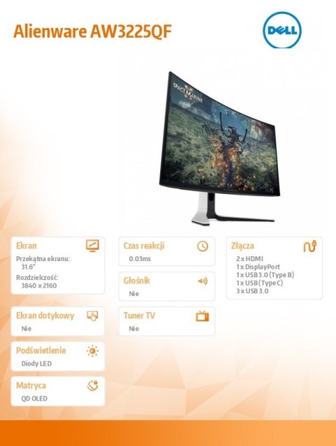 Monitor AW3225QF 31.6 cala Curved NVIDIA G-Sync Compatible 240Hz OLED 4K (3840x2160)/16:9/2xHDMI/5xUSB 3.2/3Y AES&PPE Dell