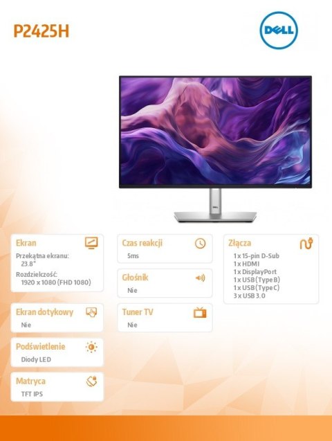 Monitor 24 cale P2425H LED IPS 1920x1080/16:9/HDMI/DP/VGA/USB-C/USB/5Y Dell