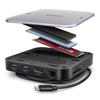 HMC-UFO Wieloportowy hub USB 9in1, 10Gbps, 2x USB-A, HDMI 4K/60Hz, M.2 NVMe/SATA, audio, PD 100W, SD/microSD, GLAN, 65cm USB-C k AXAGON