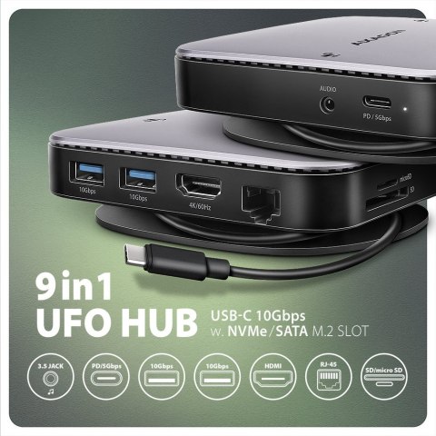 HMC-UFO Wieloportowy hub USB 9in1, 10Gbps, 2x USB-A, HDMI 4K/60Hz, M.2 NVMe/SATA, audio, PD 100W, SD/microSD, GLAN, 65cm USB-C k AXAGON