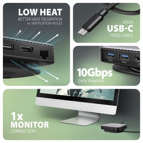 HMC-UFO Wieloportowy hub USB 9in1, 10Gbps, 2x USB-A, HDMI 4K/60Hz, M.2 NVMe/SATA, audio, PD 100W, SD/microSD, GLAN, 65cm USB-C k AXAGON
