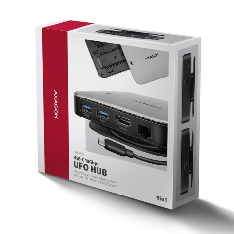 HMC-UFO Wieloportowy hub USB 9in1, 10Gbps, 2x USB-A, HDMI 4K/60Hz, M.2 NVMe/SATA, audio, PD 100W, SD/microSD, GLAN, 65cm USB-C k AXAGON