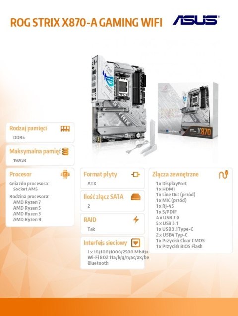 Płyta główna ROG STRIX X870-A GAMING WIFI AM5 4DDR5 HDMI/USBC Asus
