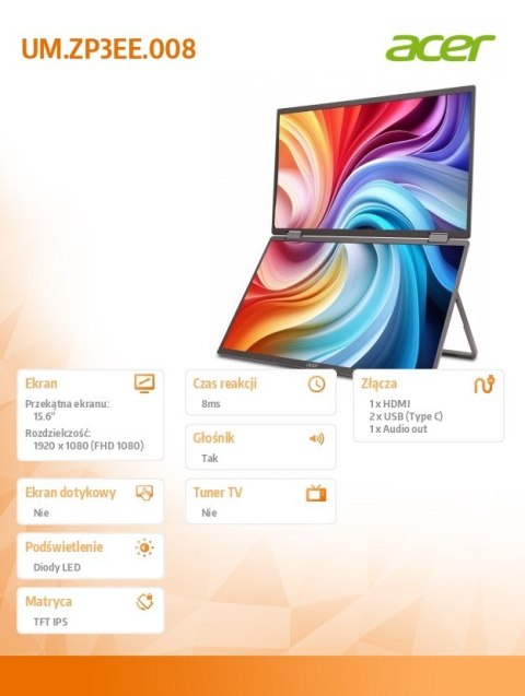 Monitor mobilny dual 16 cali PD163Qbmiuux Acer