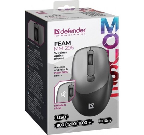Mysz bezprzewodowa silent click FEAM MM-296 RF 1600 DPI Szara Defender