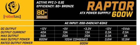 Zasilacz ATX RAPTOR 600W BRONZE 80+,Single Rail, DC-DC Rebeltec