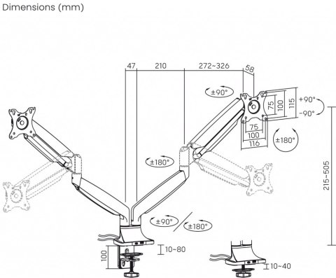 Uchwyt biurkowy gazowy do 2 monitorów LED/LCD 17-35" L-36HD 1-15KG 1xUSB-A 1xUSB-C 3.0 Heavy Duty ART