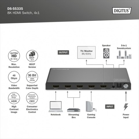 Przełącznik / Switch HDMI 4x1, 8K/60Hz (4:4:4) z HDR, 48 Gbps, HDCP 2.3, Toslink / Stereo, EDID Digitus