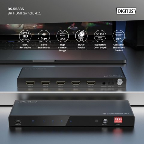 Przełącznik / Switch HDMI 4x1, 8K/60Hz (4:4:4) z HDR, 48 Gbps, HDCP 2.3, Toslink / Stereo, EDID Digitus