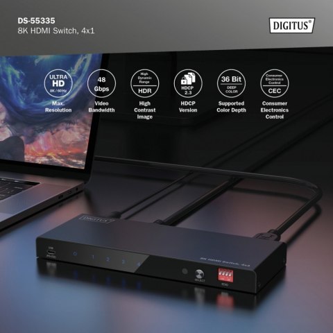 Przełącznik / Switch HDMI 4x1, 8K/60Hz (4:4:4) z HDR, 48 Gbps, HDCP 2.3, Toslink / Stereo, EDID Digitus