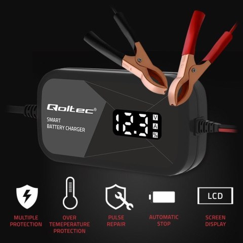 Inteligentna mikroprocesorowa ładowarka 12V | 2A | Prostownik z funkcją regeneracji ogniw do akumulatora AGM GEL | LCD Qoltec