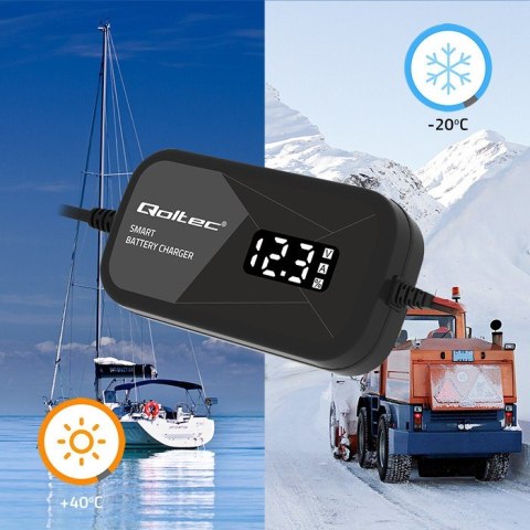 Inteligentna mikroprocesorowa ładowarka 12V | 2A | Prostownik z funkcją regeneracji ogniw do akumulatora AGM GEL | LCD Qoltec