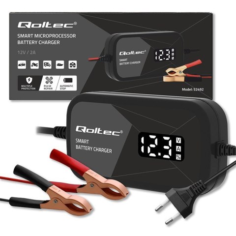 Inteligentna mikroprocesorowa ładowarka 12V | 2A | Prostownik z funkcją regeneracji ogniw do akumulatora AGM GEL | LCD Qoltec