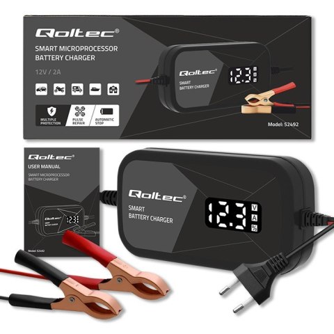Inteligentna mikroprocesorowa ładowarka 12V | 2A | Prostownik z funkcją regeneracji ogniw do akumulatora AGM GEL | LCD Qoltec