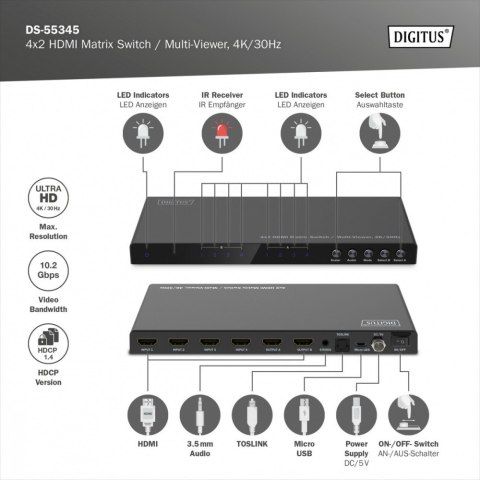 Przełącznik/Matrix HDMI 4/2-porty 4K/30Hz UHD HDCP 1.4 audio z pilotem Digitus