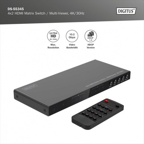 Przełącznik/Matrix HDMI 4/2-porty 4K/30Hz UHD HDCP 1.4 audio z pilotem Digitus