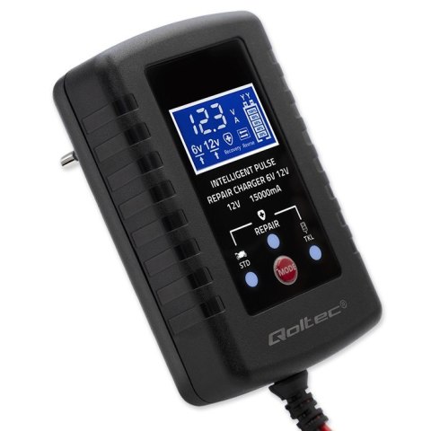Automatyczna ładowarka do akumulatora AGM GEL STD 6V/12V | 2A | Prostownik z funkcją naprawy i wyświetlaczem LED Qoltec