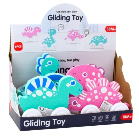 Dinozaur Na Kółkach Z Pianki EVA Dla Malucha Różowy Niebieski Mix LEAN TOYS