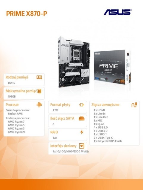 Płyta główna PRIME X870-P AM5 4DDR5 HDMI/USB-C ATX Asus