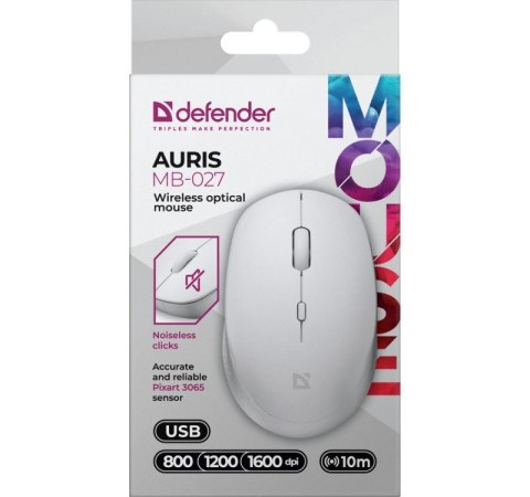 Mysz bezprzewodowa silent click AURIS MB-027 800/1200/1600 DPI biała Defender
