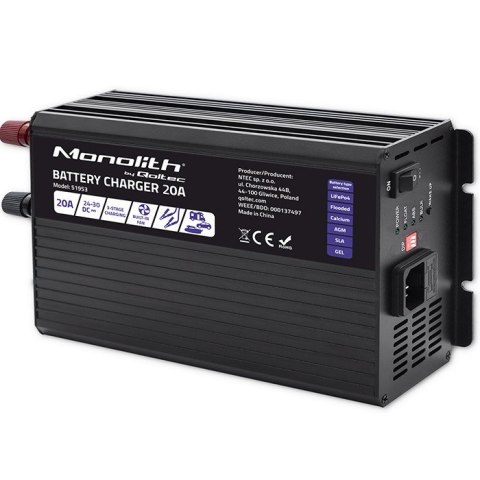 Inteligentna ładowarka Monolith do akumulatorów LiFePO4 AGM GEL SLA | 20A | 24V Qoltec