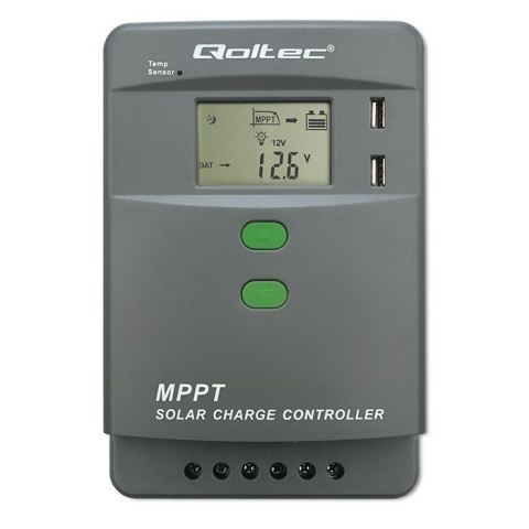 Solarny regulator ładowania MPPT z czujnikiem temperatury 30A | 12V/24V | LCD | 2xUSB | Bluetooth | APP | GEL | LiFePO4 Qoltec
