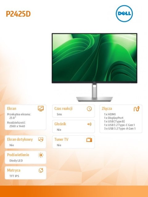 Monitor 23.8 cala P2425D IPS LED QHD (2560x1440)/16:9/HDMI/DP/USB-C/3x USB/5Y AES&PPG Dell