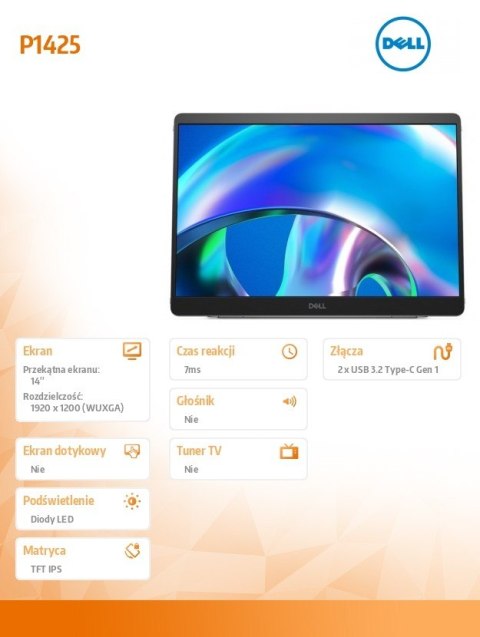 Monitor przenośny P1425 14 cali LED IPS 1920x1080/WUXGA/2xUSB-C/3Y Dell